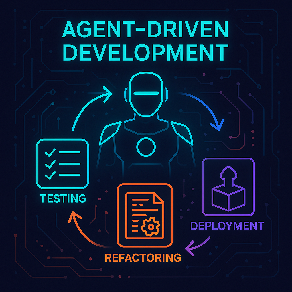 AI-generated visualization of agent-driven development showing the evolution of software development paradigms