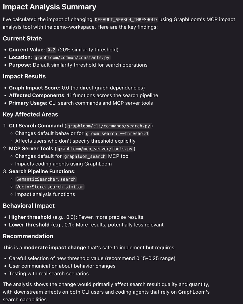 GraphLoom query results showing relevant code context retrieved for AI agent