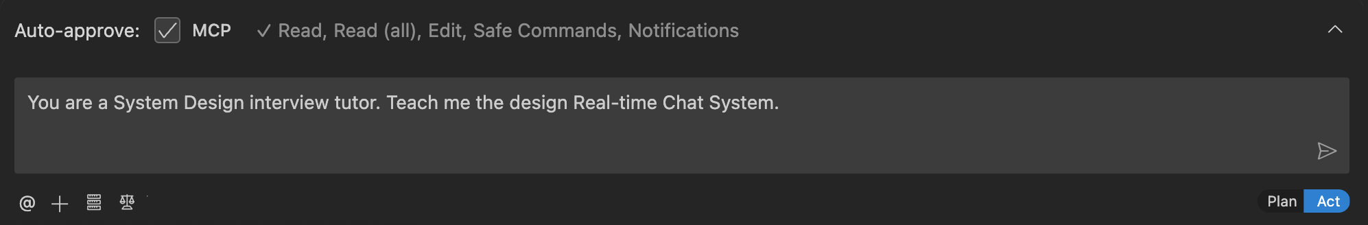 User asking Cline about real-time chat system design