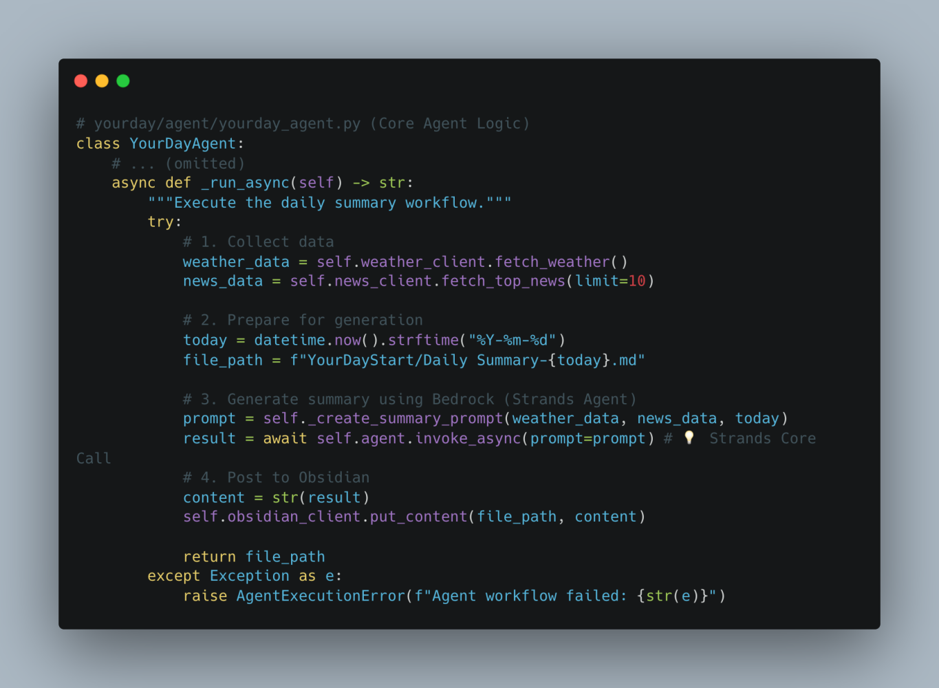 YourDayAgent implementation code showing workflow orchestration with Strands SDK