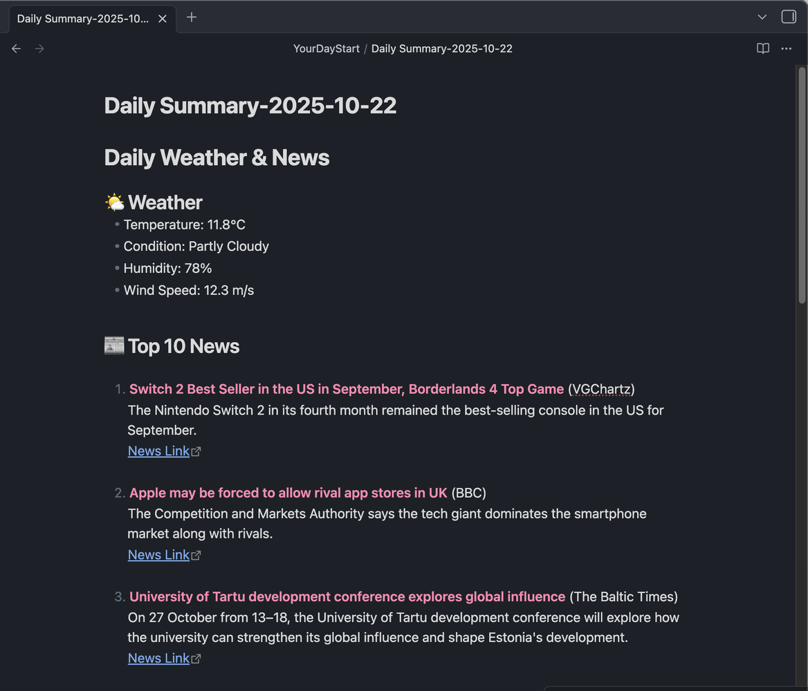 YourDay execution demo showing successful agent workflow and Obsidian note creation