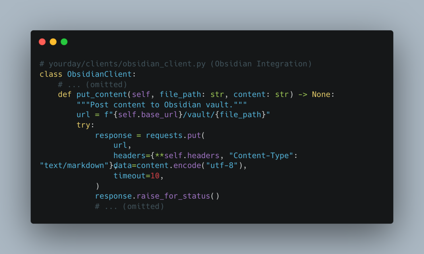 ObsidianClient implementation publishing markdown content to Obsidian vault via MCP server