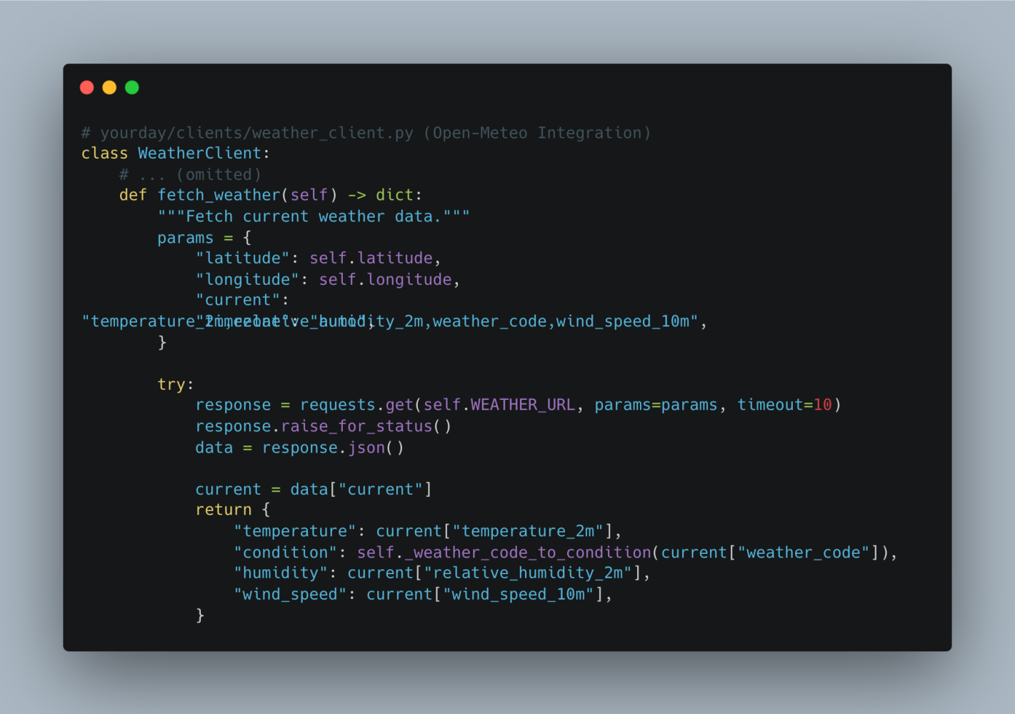 WeatherClient implementation using Open-Meteo Geocoding and Forecast APIs